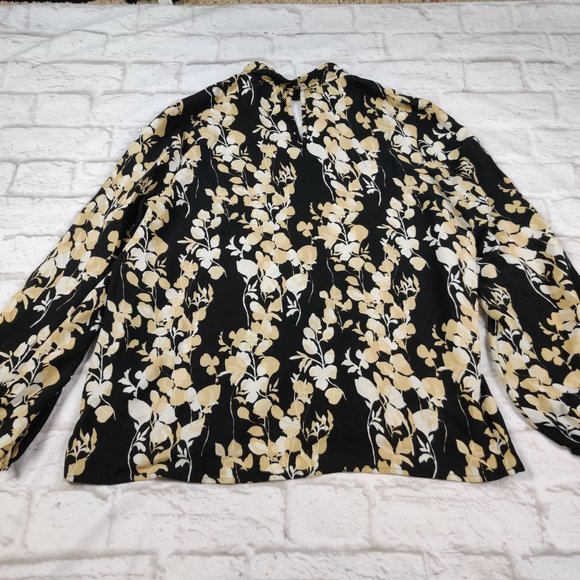 Tres Jolie womens mock neck blouse keyhole back preppy black neutral floral sz L - Picture 2 of 8